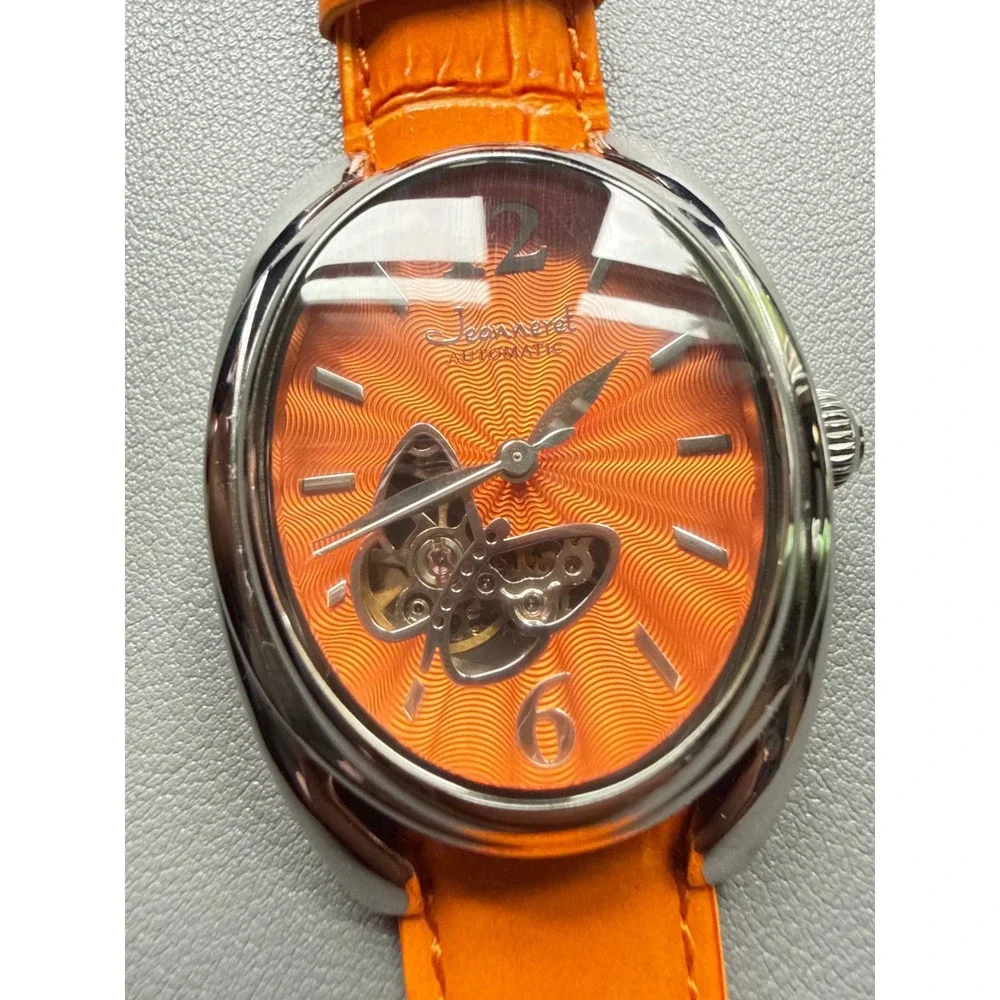 Jeanneret Women Orange Skeleton Automatic Watch Stainless Steel Leather J-64283
